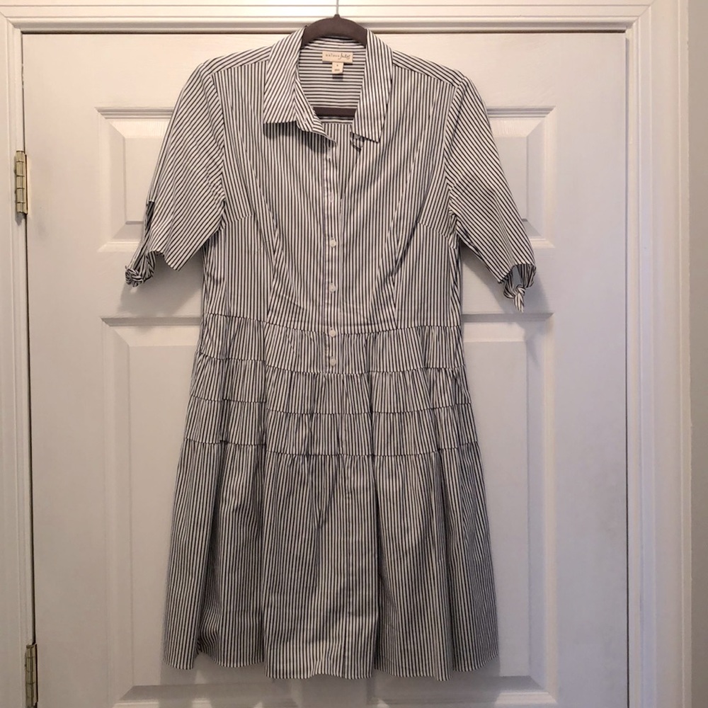 Cotton, white/navy blue stripe, “shirt dress”